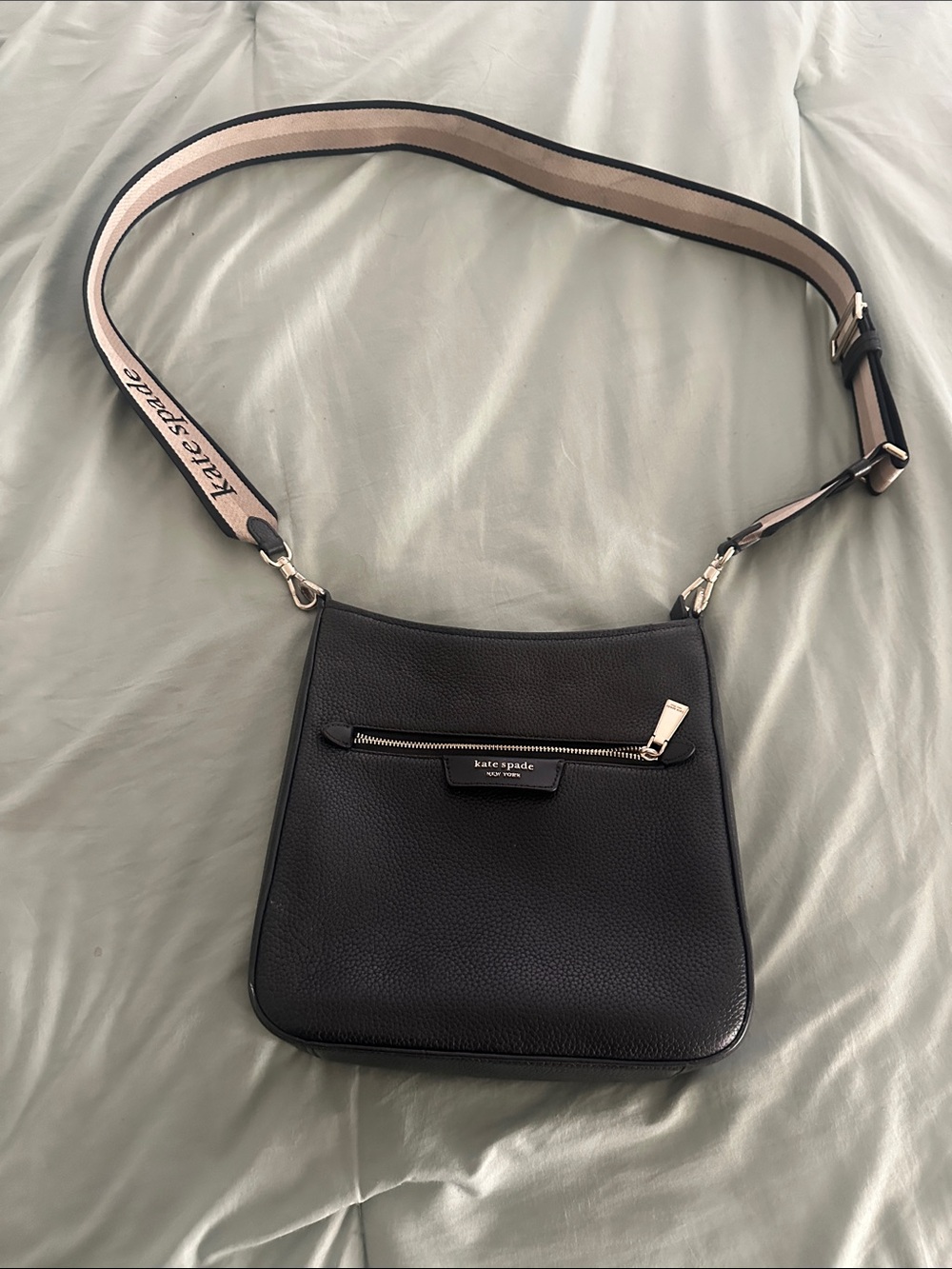 kate spade Black Pebbled Leather Crossbody with Pink Logo Strap